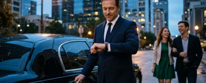 professional chauffeur checking watch beside luxury sedan for passengers in houston