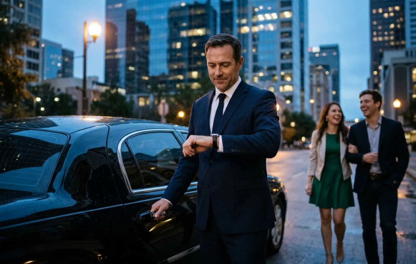 professional chauffeur checking watch beside luxury sedan for passengers in houston